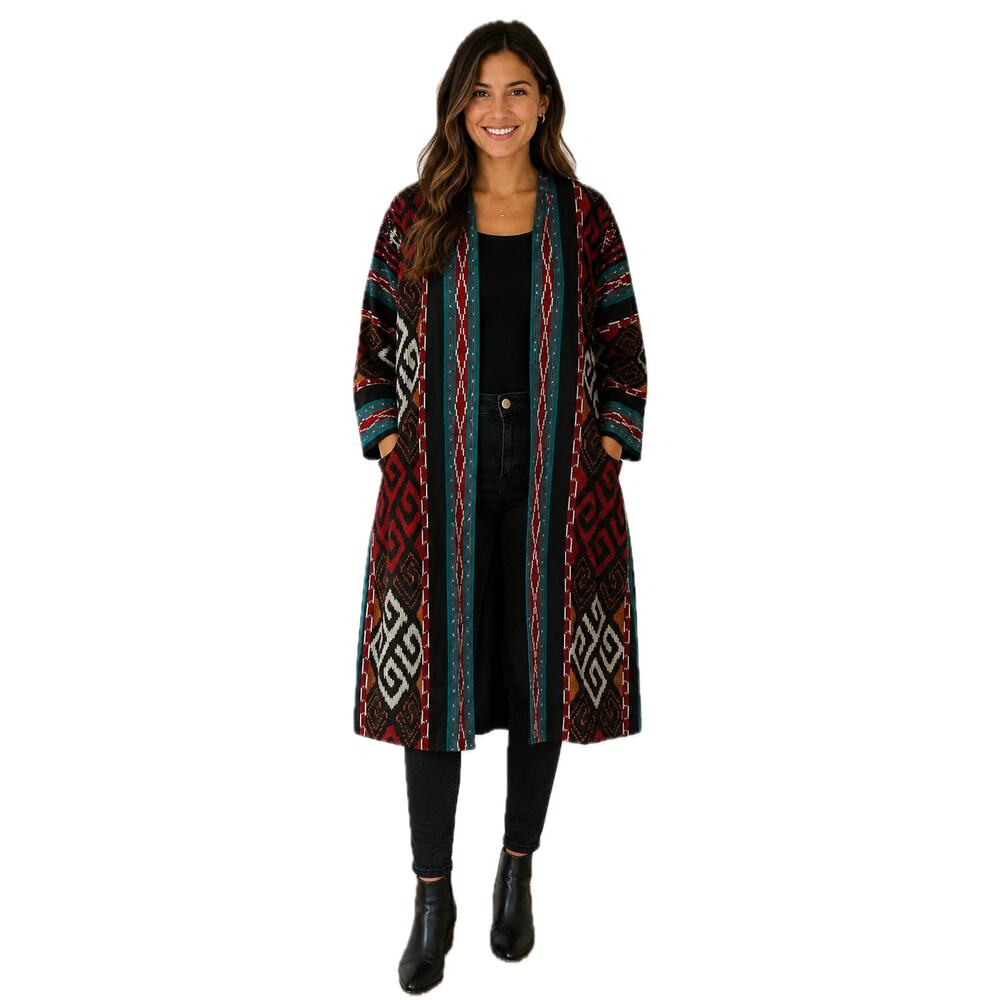 Ikat Cotton Duster Jacket Boho Artisan NOVICA Kartini Long Open Front Womens Med